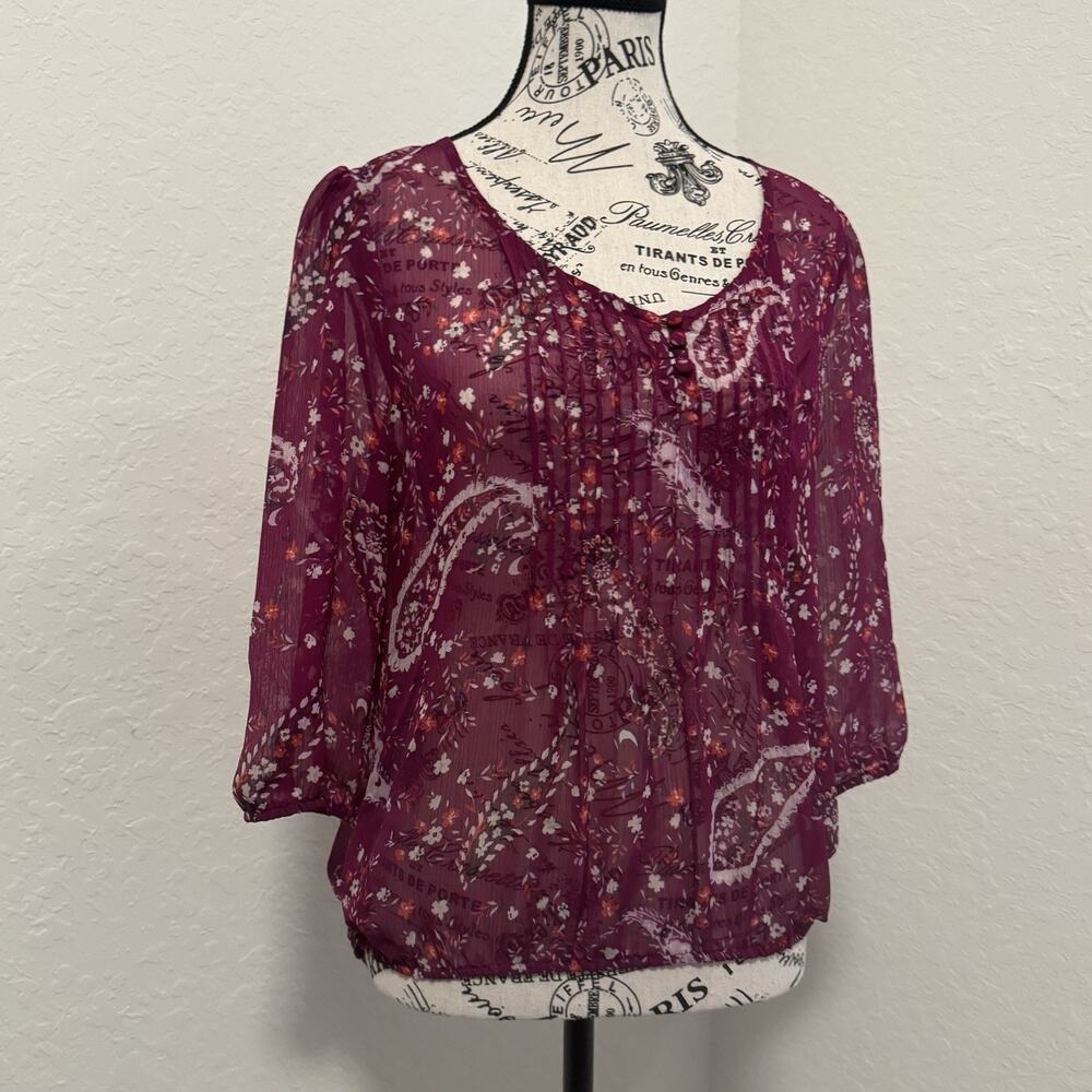 St John’s Bay Women’s Blouse PM Petite Medium Sheer Paisley Boho Dark Romantic